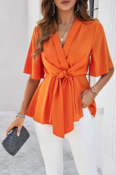 Truedames V Neck Peplum Tie Front Short Bell Sleeve Shirt In Orange