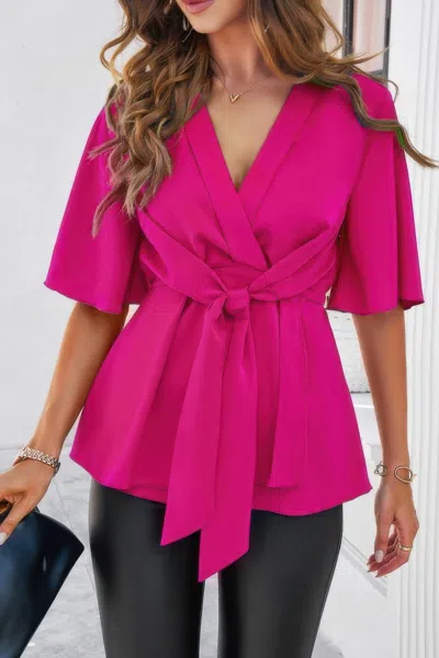 Truedames V Neck Peplum Tie Front Short Bell Sleeve Shirt In Pink