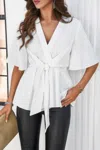 Truedames V Neck Peplum Tie Front Short Bell Sleeve Shirt In White