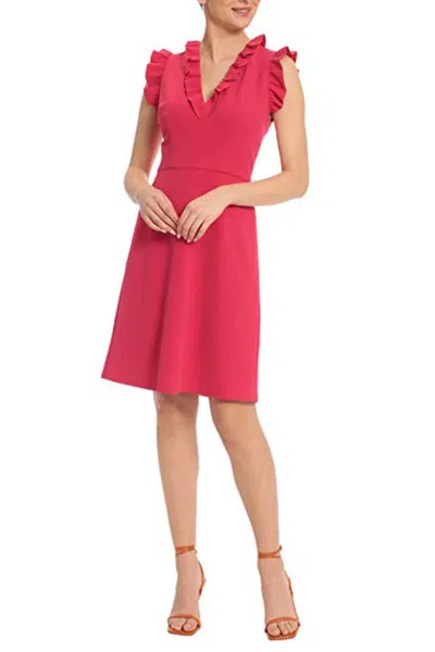 Truedames V Neck Ruffle Sleeves Back Zipper Short Crepe Dress In Red