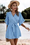 Truedames V Neck Ruffled Belted Flared Hemmed Romper In Blue