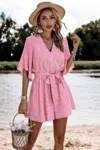 Truedames V Neck Ruffled Belted Flared Hemmed Romper In Pink