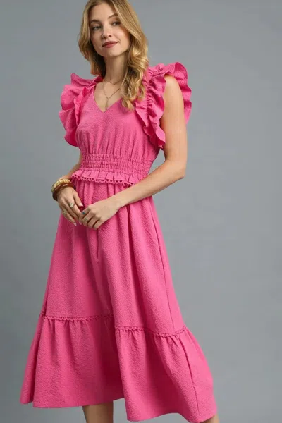 Truedames V-neck Ruffled Cap Sleeve Midi Dress In Pink