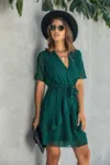 Truedames V Neck Ruffled Hem Wrap Dress In Green