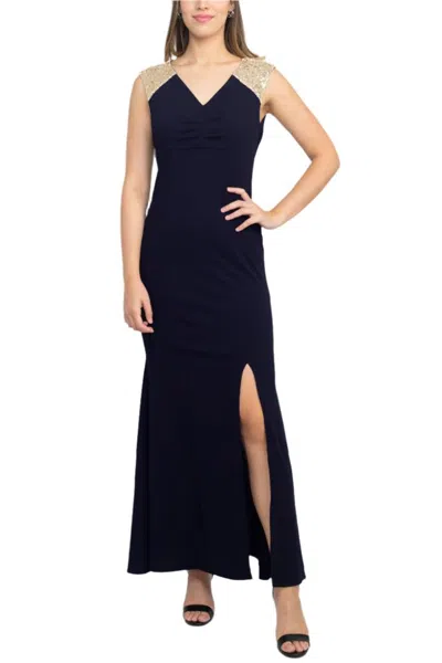 Truedames V-neck Sequined Shoulder Sleeveless Slit Front Zipper Back Dress In Blue