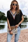 Truedames V Neck Short Dolman Sleeves Boho Loose Top In Black