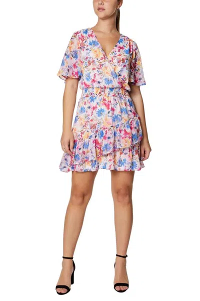 Truedames V-neck Short Sleeve Elastic Waist Asymmetrical Tiered Floral Print Linen Dress In Multi