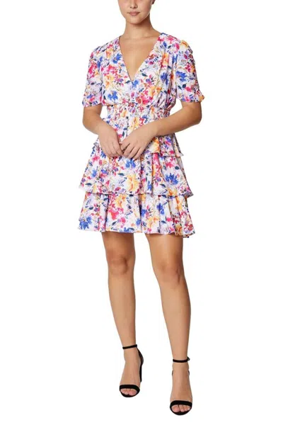 Truedames V-neck Short Sleeve Elastic Waist Floral Print Tiered Woven Dress In Multi