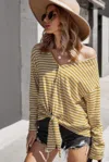 Truedames V Neck Short Sleeve Striped Tunic Shirt In Yellow