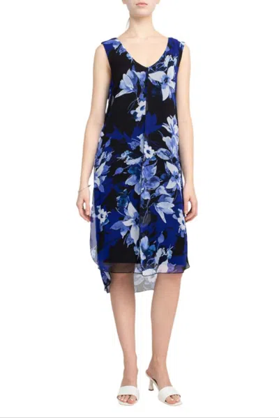 Truedames V-neck Sleeveless Floral Print Chiffon Overlay Slit Side Dress In Blue