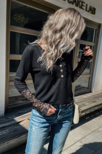 Truedames V Neck Solid Button Lace Knit Loose Fit Top In Black