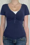 Truedames V Neck Solid Lace Splicing Button Fitted Shirt In Blue