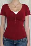 Truedames V Neck Solid Lace Splicing Button Fitted Shirt In Red