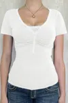 Truedames V Neck Solid Lace Splicing Button Fitted Shirt In White
