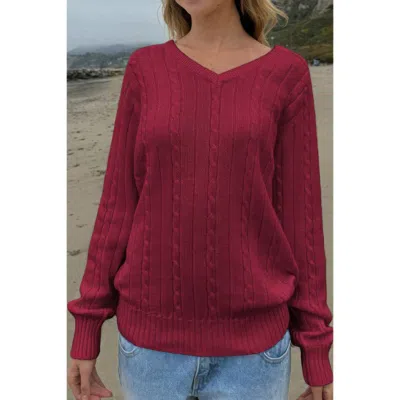 Truedames V Neck Solid Long Sleeves Cable Knit Sweater In Burgundy