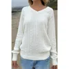 Truedames V Neck Solid Long Sleeves Cable Knit Sweater In White