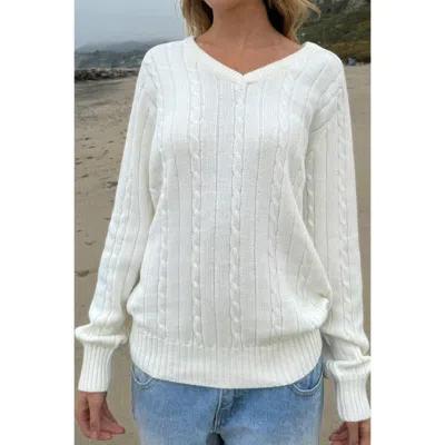 Truedames V Neck Solid Long Sleeves Cable Knit Sweater In White