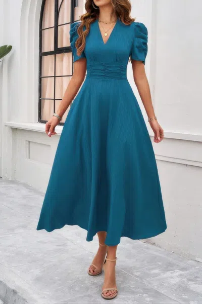 Truedames V Neck Solid Puff Sleeves Fit Full Dress In Blue