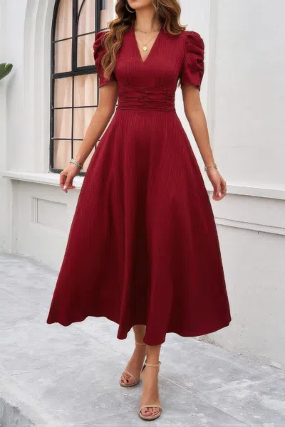 Truedames V Neck Solid Puff Sleeves Fit Full Dress In Red
