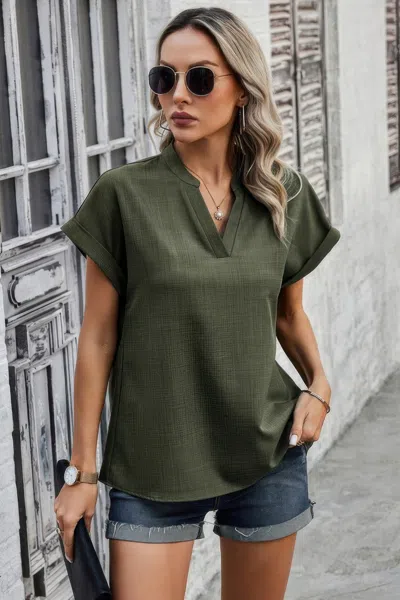 Truedames V Neck Solid Short Bat Sleeve Loose Fit Blouse In Green