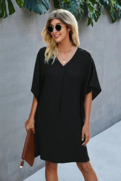 Truedames V Neck Solid Short Sleeve Dress In Black