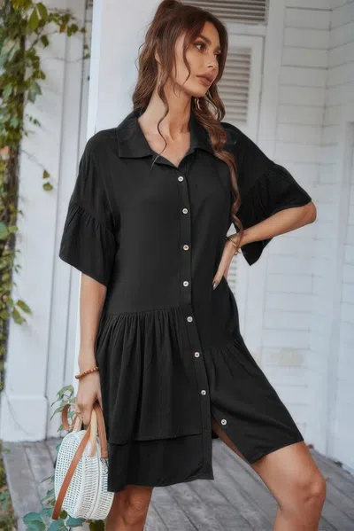 Truedames V Neck Solid Tunic Dress In Black