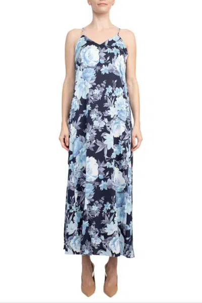 Truedames V-neck Spaghetti Strap Floral Print Satin Dress With Pockets In Blue
