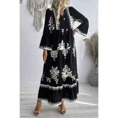 Truedames V Neck Stand Collar Button Floral Splicing Dress In Black