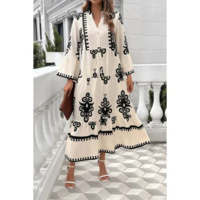 Truedames V Neck Stand Collar Button Floral Splicing Dress In White