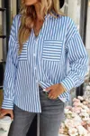 Truedames V Neck Striped Button Down Pocket Long Sleeve Blouse In Blue