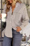 Truedames V Neck Striped Button Down Pocket Long Sleeve Blouse In Brown