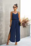 Truedames V Neck Suspenders Wide Leg Side Slit Jumpsuit In Green