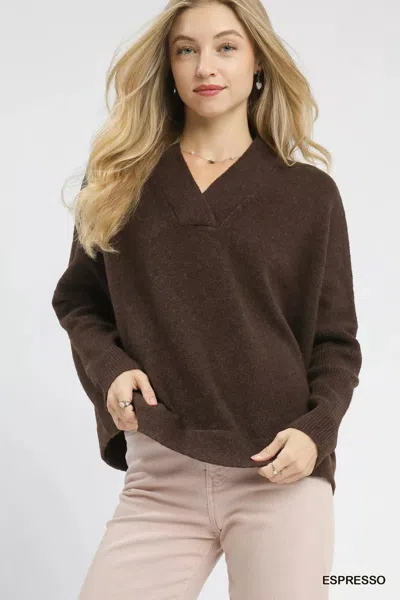 Truedames V-neck Sweater With Wide Trim Detail In Brown