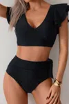 Truedames V Neck Two Piece Ruffled High Waisted Swimsuit In Black