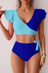 Truedames V Neck Two Piece Ruffled High Waisted Swimsuit In Blue