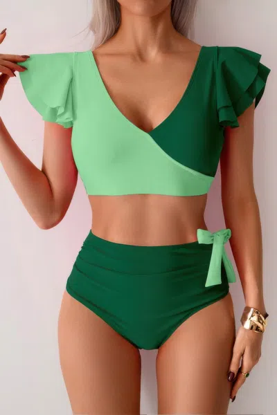 Truedames V Neck Two Piece Ruffled High Waisted Swimsuit In Green