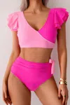 Truedames V Neck Two Piece Ruffled High Waisted Swimsuit In Pink