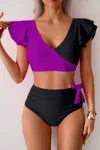 Truedames V Neck Two Piece Ruffled High Waisted Swimsuit In Purple