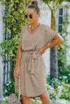 Truedames V Neck Waist Tie Solid A Line Dress In Neutral