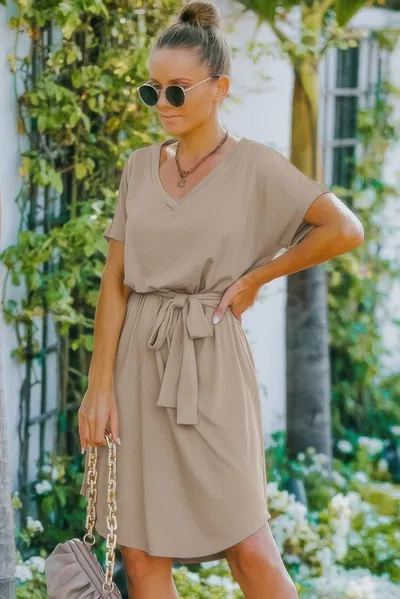 Truedames V Neck Waist Tie Solid A Line Dress In Neutral