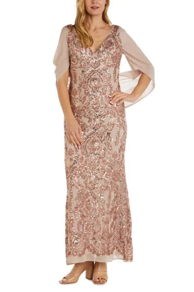 Truedames V-neckline Sheer Wrap Drape Cape Sequin Gown Dress In Pink