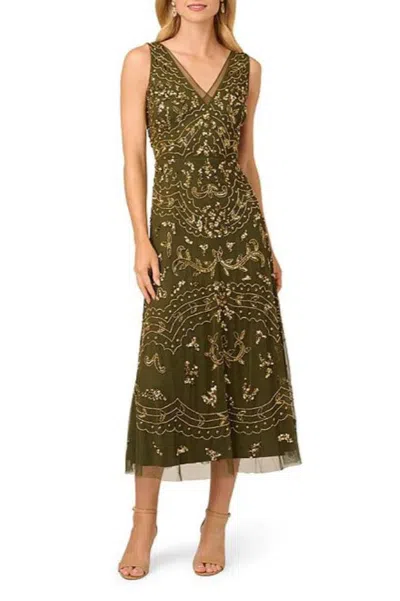 Truedames V-neckline V-back Sleeveless Zipper Closure Beaded Overlay A-line Midi Dress In Multi