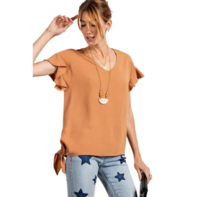 Truedames V Neckline Wing Sleeves Woven Top In Brown