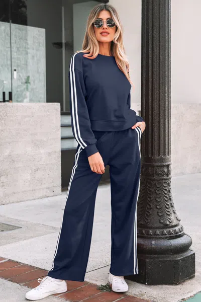 Truedames Varsity Striped Detail Crewneck Pullover Elastic Sweatpants 2pcs Outfit In Blue