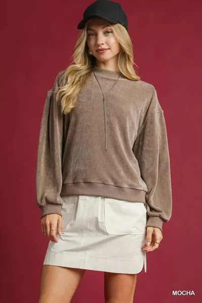 Truedames Velour Crewneck Balloon Sleeve Sweatshirt In Brown