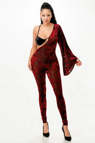 Truedames Velvet Flocking Jumpsuit/bell Sleeve In Red