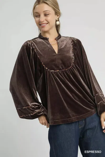 Truedames Velvet Long Sleeve Blouse With Contrast Trim In Brown