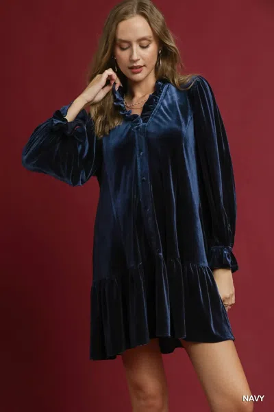 Truedames Velvet Ruffle Trim Mini Dress In Blue