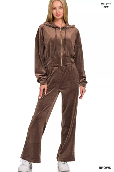 Truedames Velvet Zip Up Hoodie And Pants Set In Brown