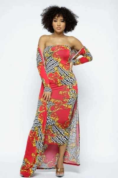 Truedames Venechia Print Tube Dress With Cardigan Set In Multi